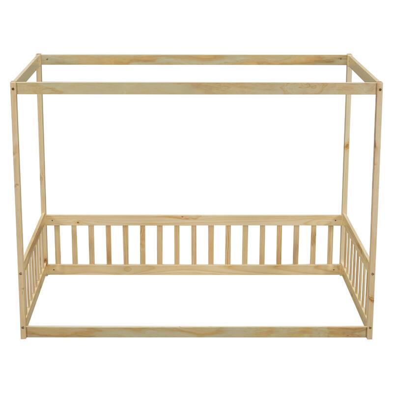 Pine Wood Canopy Frame Floor Bed with Fence and Guardrails for Bedroom
