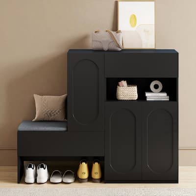 2-in-1 Shoe Cabinet Bench with Cushion, Arched Doors, Adjustable Shelves, Rebound Hinges, 51.1" Wide Entryway Organizer