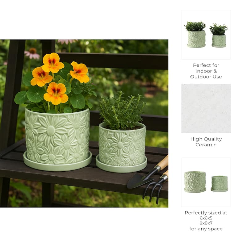 Decorative Ceramic Daisy Flower Planters - Set of 2