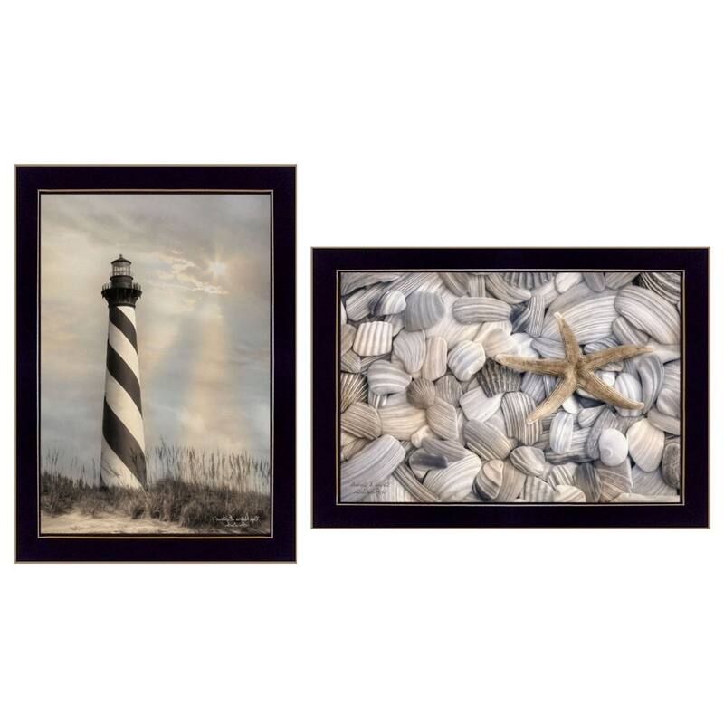 HomeRoots Set Of Two Cape Hatteras Lighthouse and Sea Shells 1 Black Framed Print Wall Art