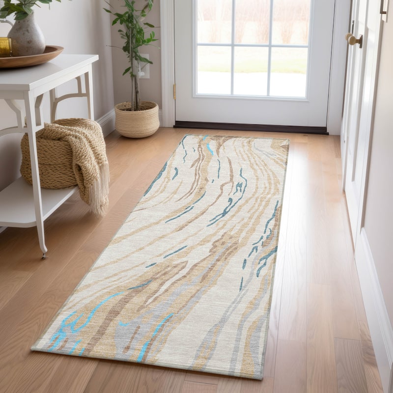Machine Washable Indoor/ Outdoor Modern Wave Chantille Rug - Beige - 2'3" x 7'6"