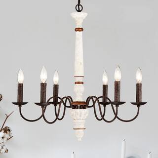LunaDrift 6-Light Farmhouse Chandelier, Rustic Candle-Style Rustic Pendant Light Fixture in Distressed White  for Dining Room