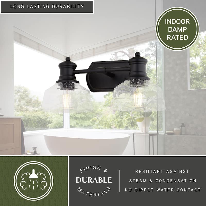 Beloit 2-Light 17 in. W Matte Black Farmhouse Bathroom Vanity Lighting Fixture Clear Seeded Glass Shade, Dimmable LED Compatible