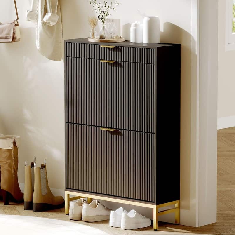 Slim Shoe Cabinet with 2 Flip Drawers & Top Drawer
