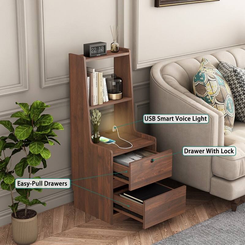 Nightstand with Charging Station, Smart Nightstand with Night Light, Modern Night Stand with Bookshelf, Bedside Tables