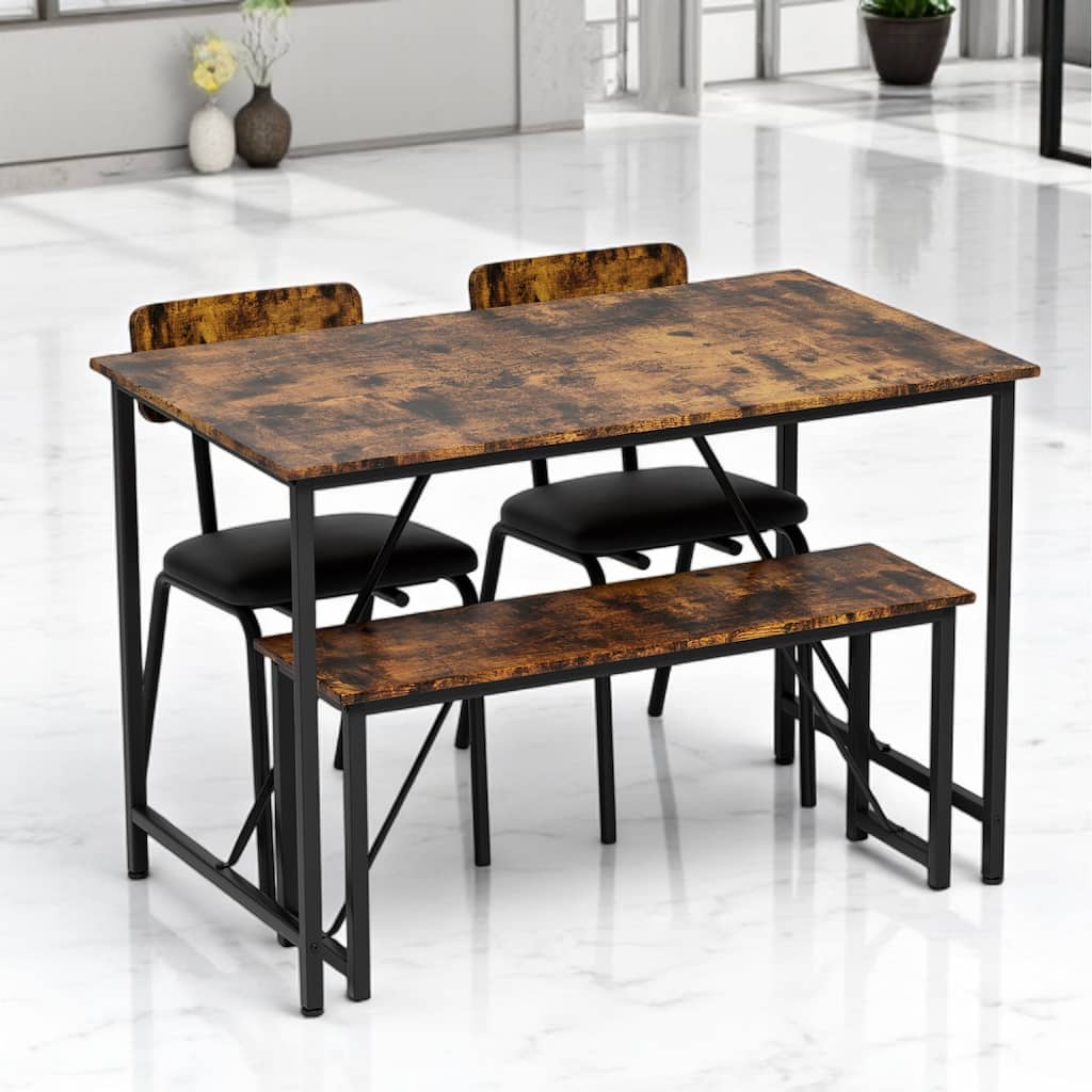 4-Piece Dining Set, Kitchen Table with 2 Faux Leather Chairs and Bench, Space-Saving Design for Home, Kitchen, Dining Room