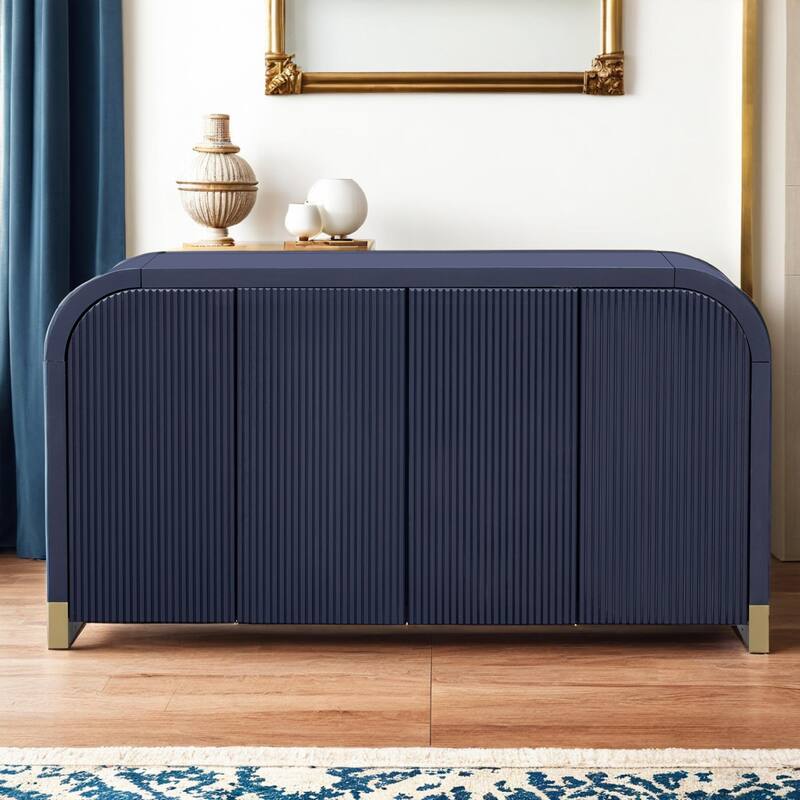 4-door Curved Corner Design Wavy Door Panel Cabinet with Adjustable Shelves, Suitable for Study, Living Room and Entrance - Navy Blue