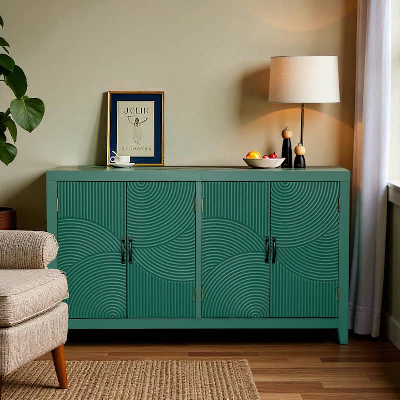 59" Mid Century Modern Accent Cabinet with 4 Doors, Green Wood Buffet Storage Cabinet for Living Room, Dining Room