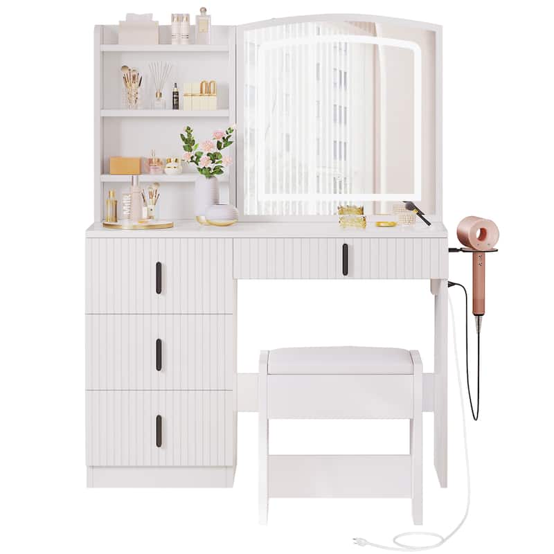 Moasis 39" Wide Makeup Vanity Set with Stool and 3 Color Sliding Mirror - White