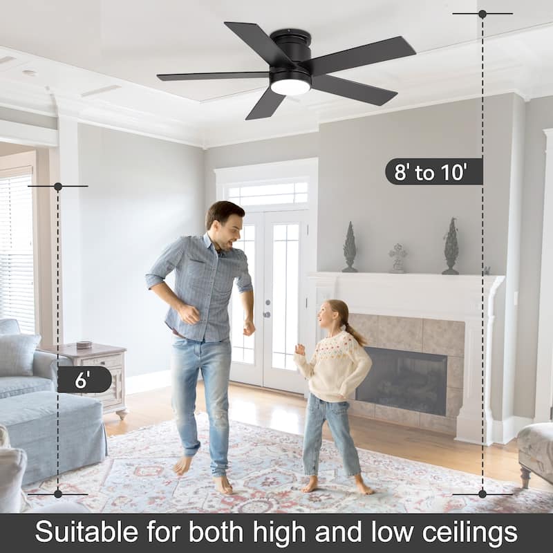 42"/52" Modern Black Flush Mount Ceiling Fan with LED Light and Remote