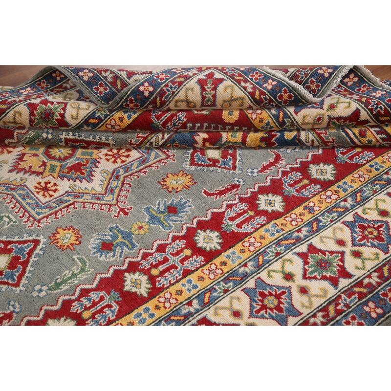 Hand Knotted Oriental 100% Wool Carpet Traditional Geometric Greys & Charcoal Kazak Area Rug - 9' 10'' X 6' 9''