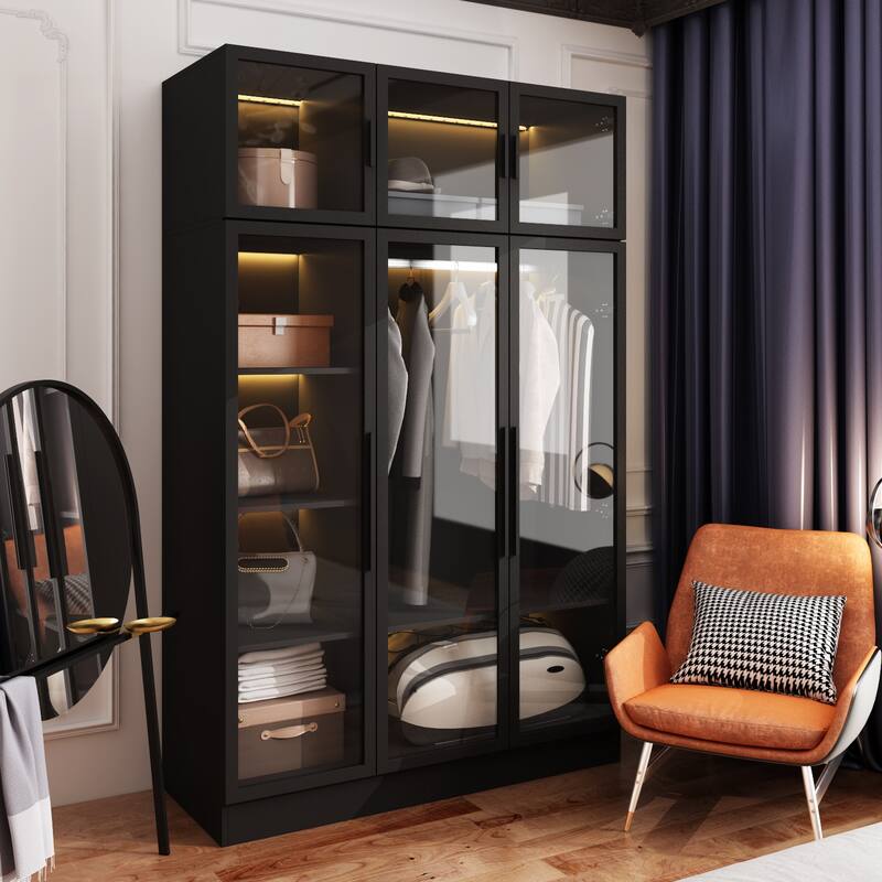 47.2" Wide Armoire LED Light All Glass Door Closet Cabinet Wardrobe