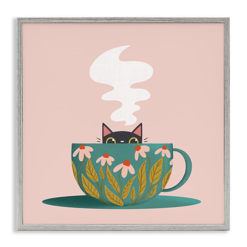 Stupell Cat Peeking Over Teacup Framed Giclee Art Design By Sarah Hickman - 12 x 12 - Grey