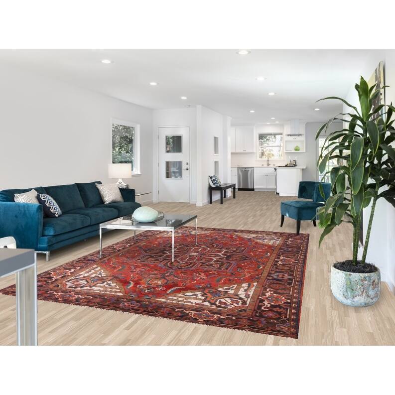 Hand Knotted Oriental 100% Wool Carpet Traditional Medallion Red Heriz Area Rug - 9' 7'' X 6' 11''