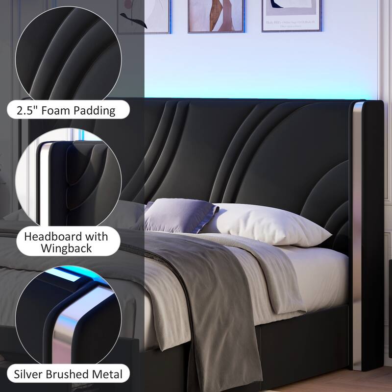 Velvet Upholstered Platform Bed with Smart Ambient Strip Lights Wingback Headboard, and Endbed Pull-out Storage Drawers