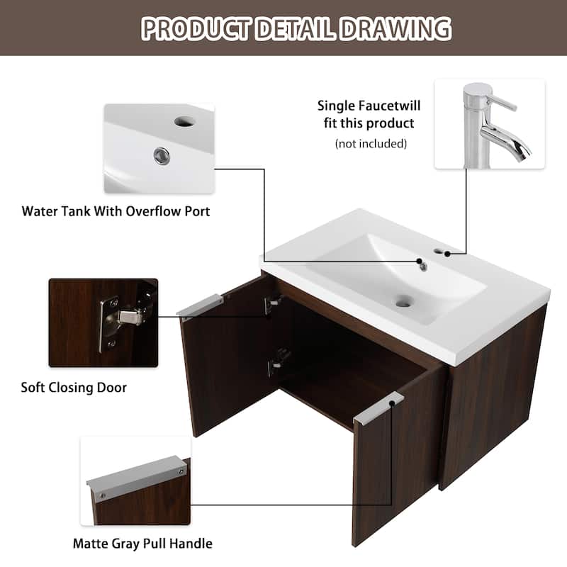 Bathroom Vanity With Sink In 24/30/36 Inch, Floating Bathroom Vanity With Soft Close Door