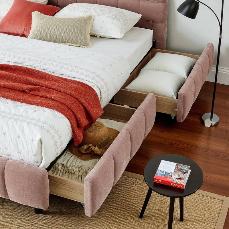 King Upholstered Platform Bed, Chenille Fabric, Headboard, Solid Frame, Under-Bed Storage Drawer, Modern Low-Profile