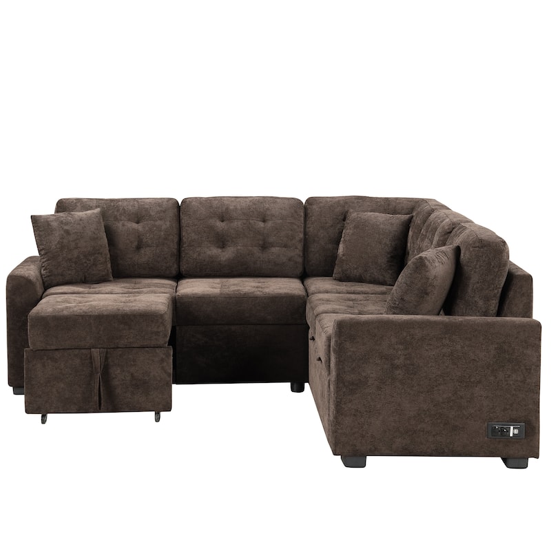 82.6-inch L-shaped Pull-out Sleeper Sofa with Wheels, USB Ports, Power Sockets - 82.6"W x 82.6"D x 33"H