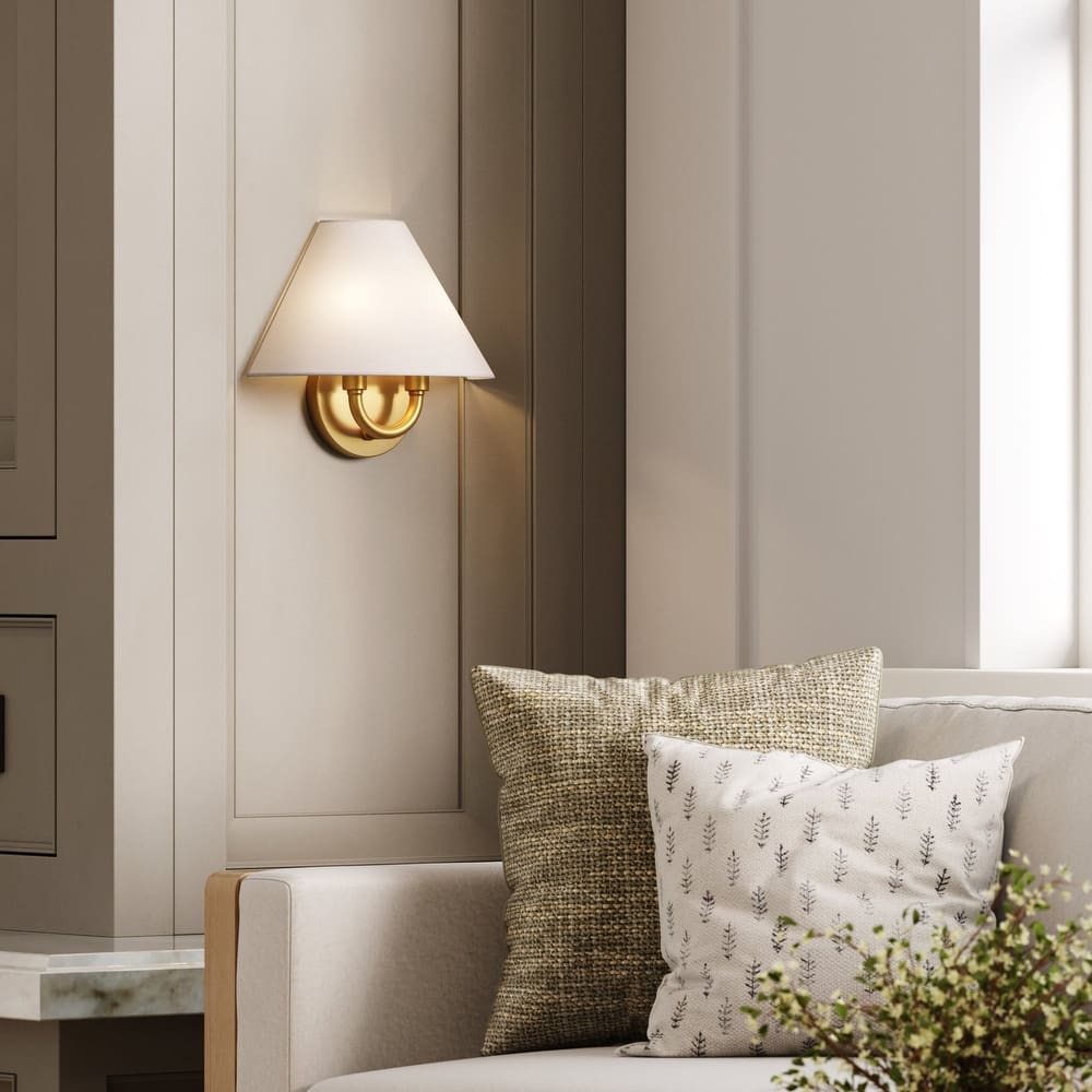 Shoal Modern Wall Light Fixture with Linen or Rattan Shade and Vintaged Brass Metal Base