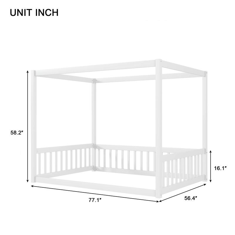 Roomfitters Full Canopy Frame Floor Bed, Rubber Wood Platform with Guardrails and Low-Profile Design, White