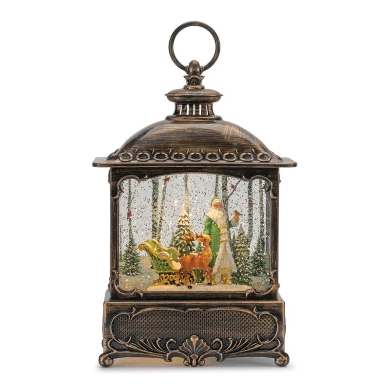 LED Lighted Santa and Sleigh Lantern Snow Globe - 10.5" - Bronze