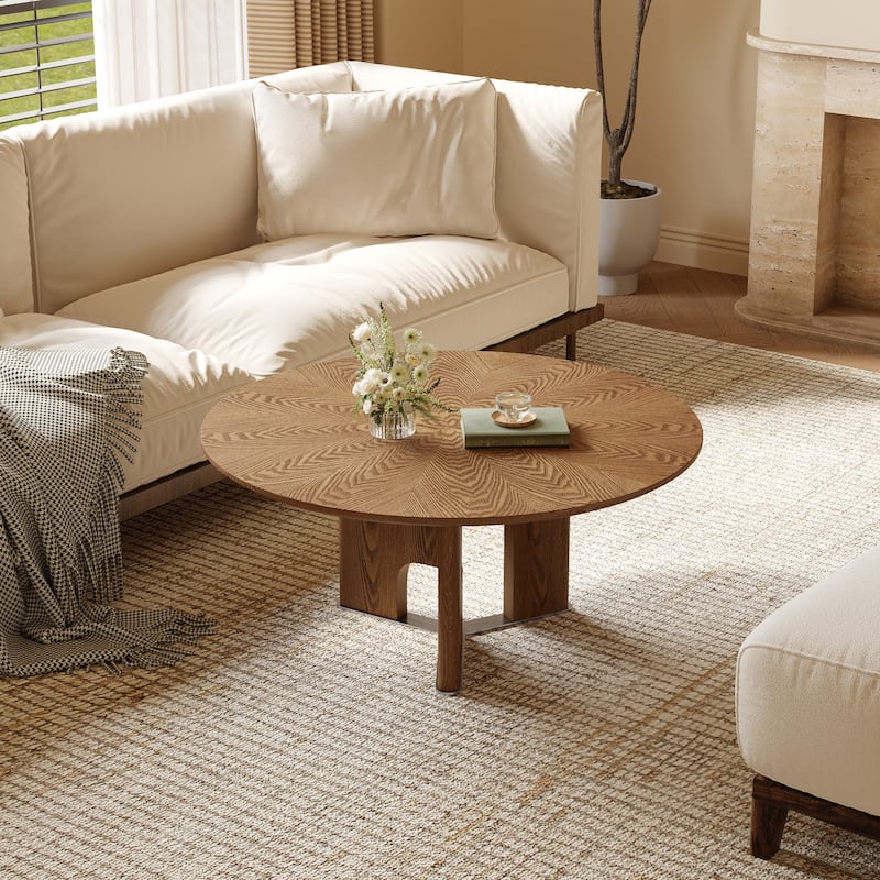 31.5 Inches Round Rustic Ash Wood Veneer Coffee Table for Small Living Room