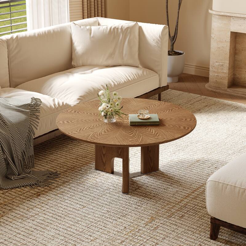 GDFStudio - Rustic 31.5" Free-Form Coffee Table with Ash Wood Veneer & Pedestal Base for Small Living Room