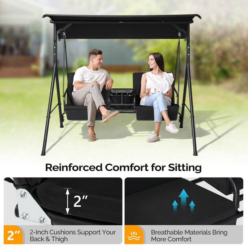 Outdoor Patio Porch Swing with Stand, Canopy, Pivot Storage Table and Cooler Bag - N/A