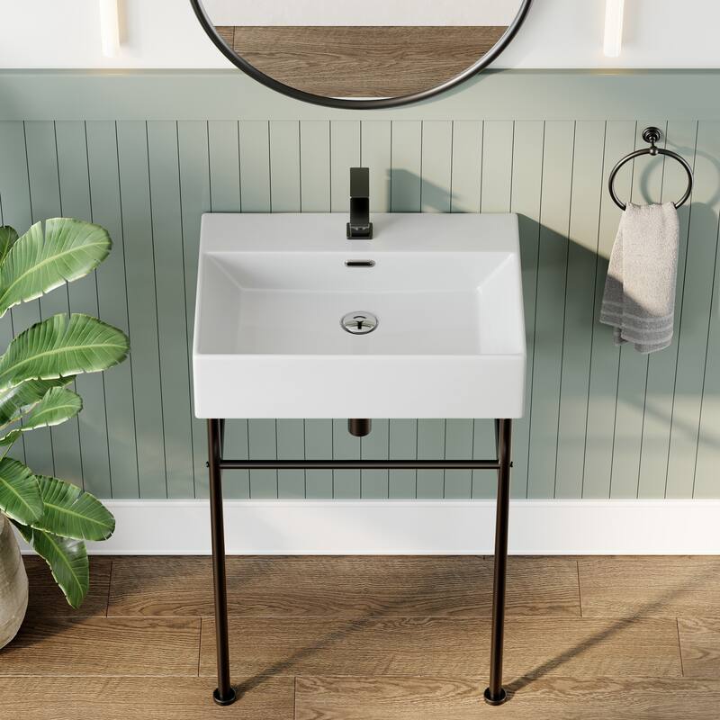 HOROW 24 in. Ceramic White Rectangular Bathroom Console Sink with Black Legs and Overflow