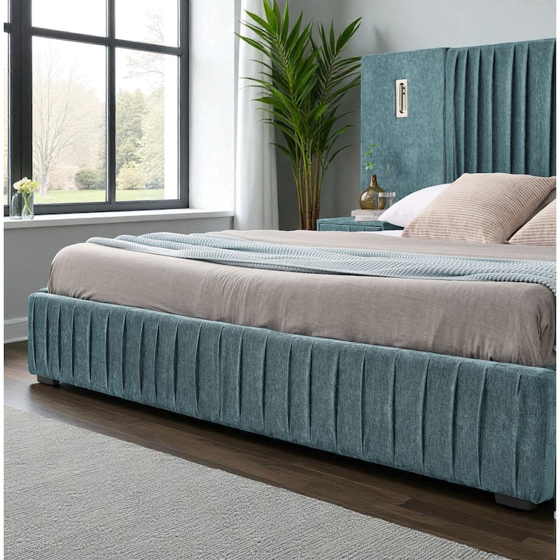 King Upholstered Platform Bed with Pleated Chenille Headboard, Built-in Bedside Table & Adjustable Lamps, No Box Spring