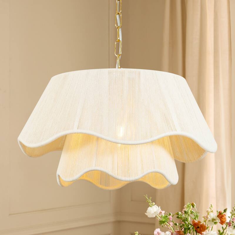 1-Light 20.3" W Modern Boho Double Tiered Fabric Shade chandelier for Living room - Beige