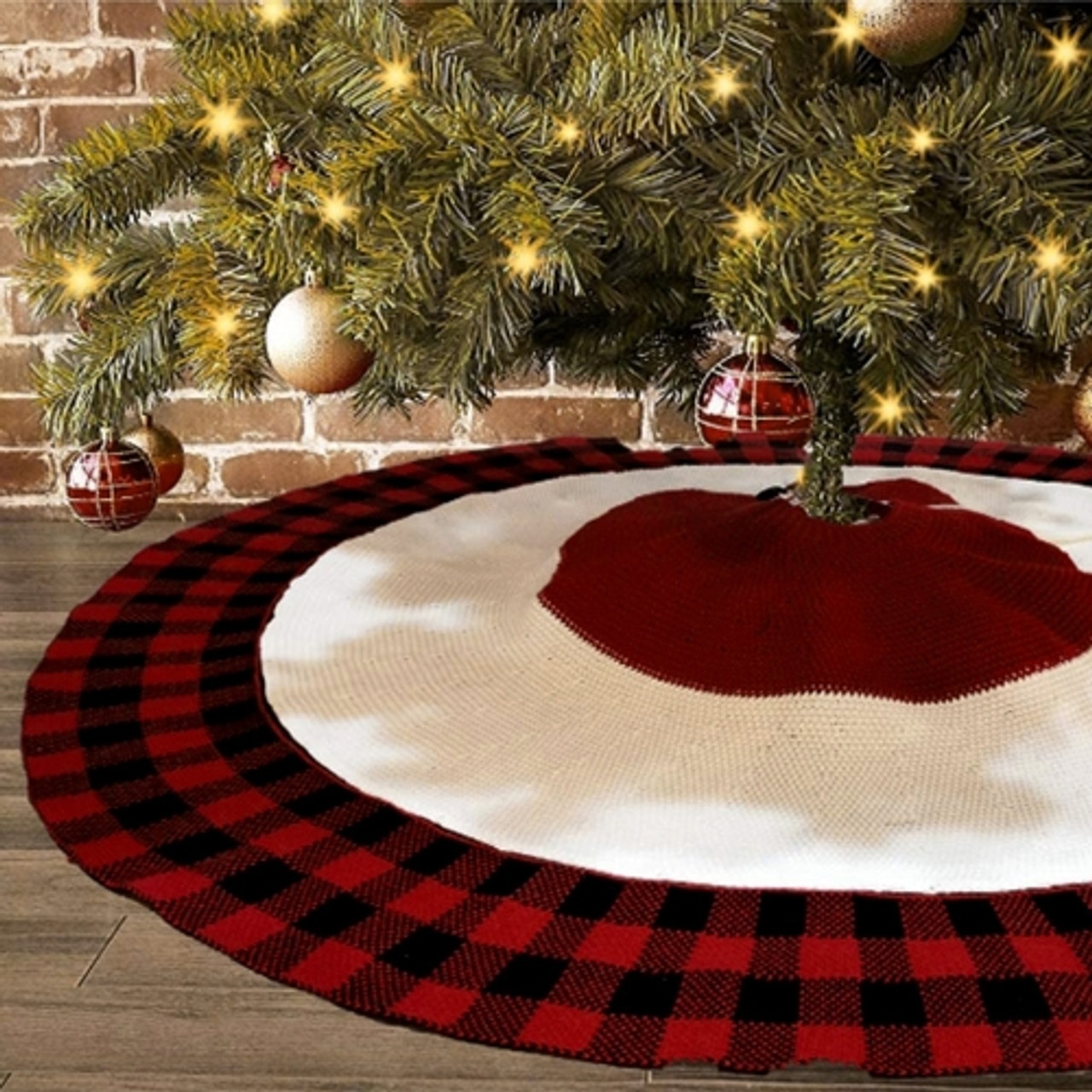 Tree Skirt Thick Ruffled Knit Rustic Christmas Decoration Red