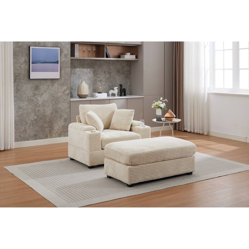 Corduroy Sofa Set with Ottoman, Handrail Storage & Cup Holders