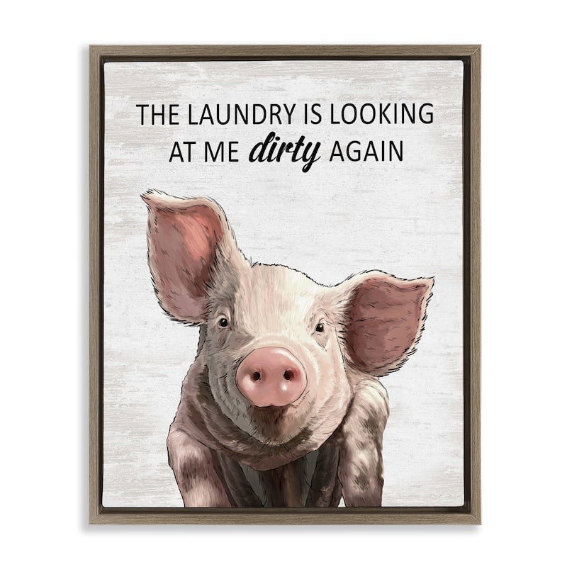 Stupell Funny Dirty Laundry Pig Framed Floater Canvas Wall Art Design By Lettered and Lined - 17 x 21 - Brown