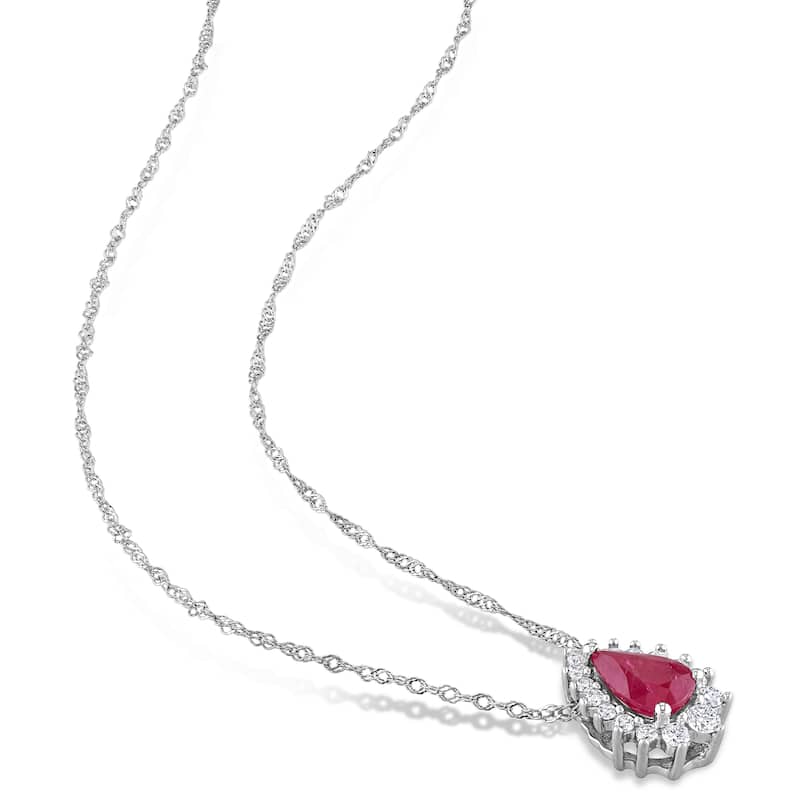 Miadora Pear-cut Ruby and 1/8ct TDW Diamond Graduated Halo Teardrop Necklace in 14k White Gold