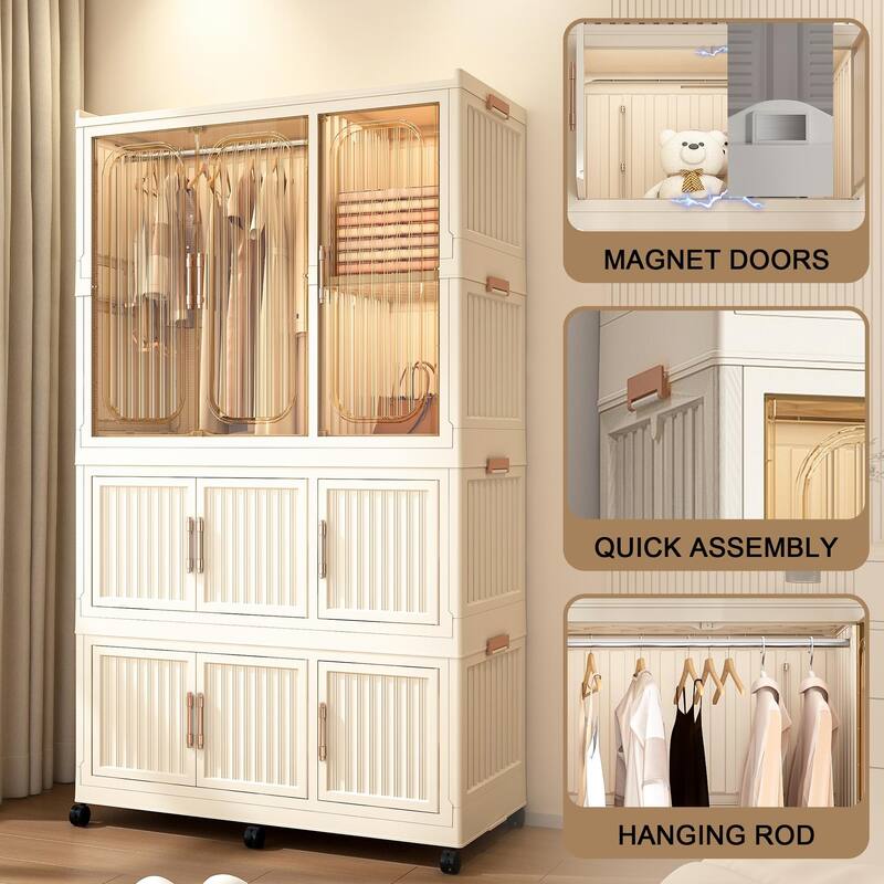 Anmytek Rolling Storage Cabinet Wardrobe with Hanging Rod Transparent Door Mobile Closet for Bedroom Nursery