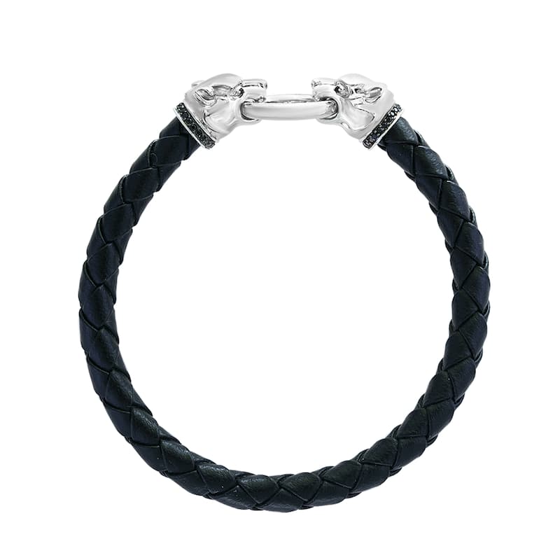 EFFY Men's 925 Sterling Silver and Leather Black Spinel Bracelet