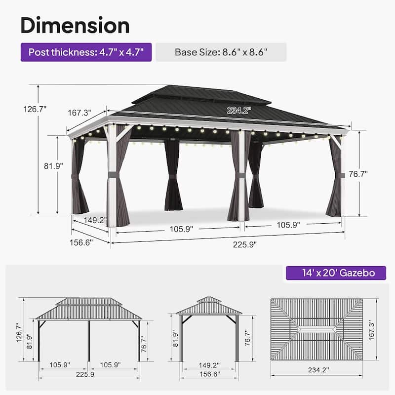 PURPLE LEAF Patio Hardtop Gazebo Pro for Outdoor Grey Galvanized Steel Double Roof White Aluminum Poles