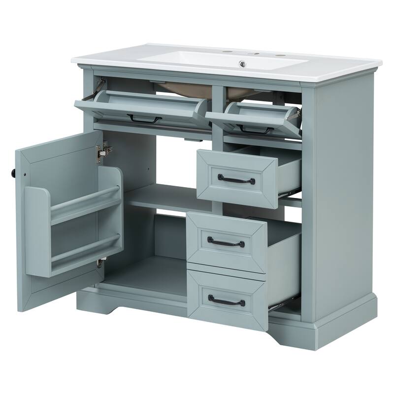 36'' Bathroom Vanity with Ceramic Sink, Solid Wood Frame Modern Storage Cabinet with Tip-Out Drawer & Soft Closing Doors