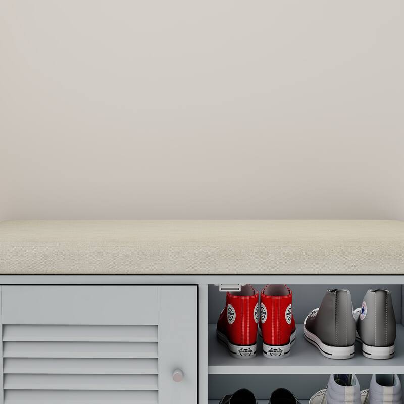 28.74" Shoe Storage Bench with 2 Door Cabinet, Grey Entryway Bench Indoor Bench with Padded Seat and Adjustable Shelves