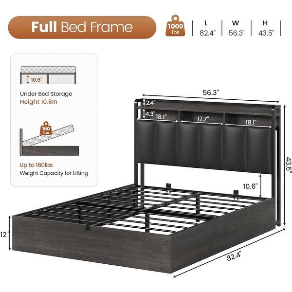 Lift Up Bed Frame with Storage Headboard Charging Station LED Lights ...