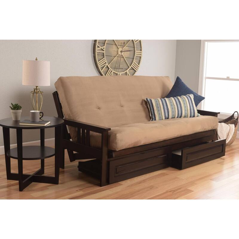 79 in. Espresso/Suede Peat Polyester Upholstered Full Size Futon Set with Mattress and Storage Drawers