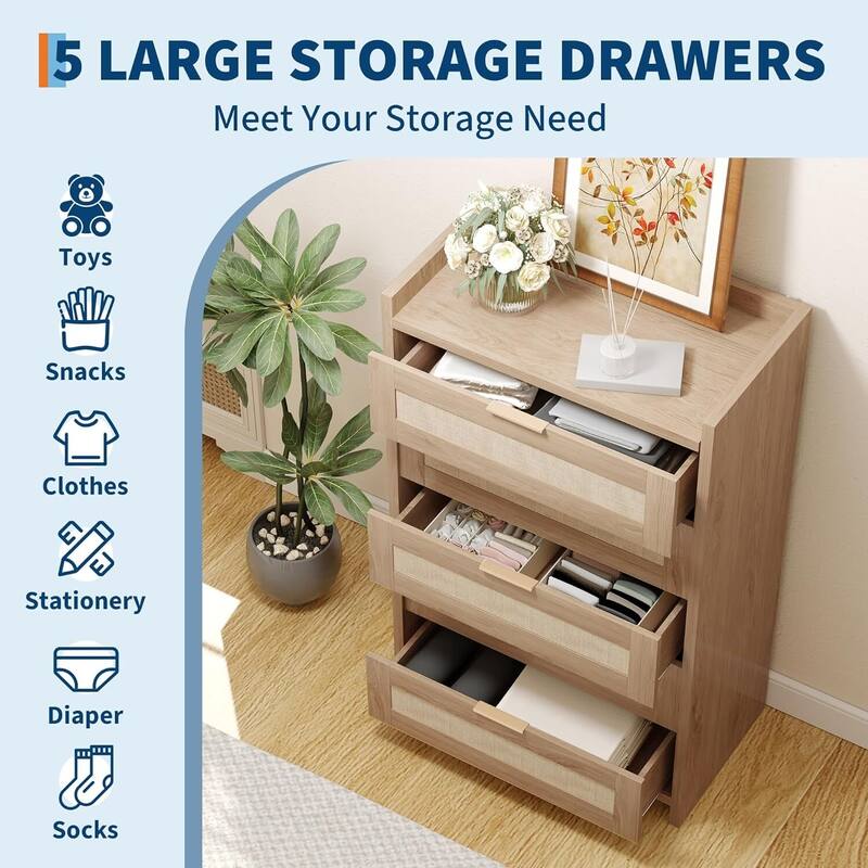 Boho 5 Drawer Dresser Storage Cabinet for Bedroom Living Room Hallway