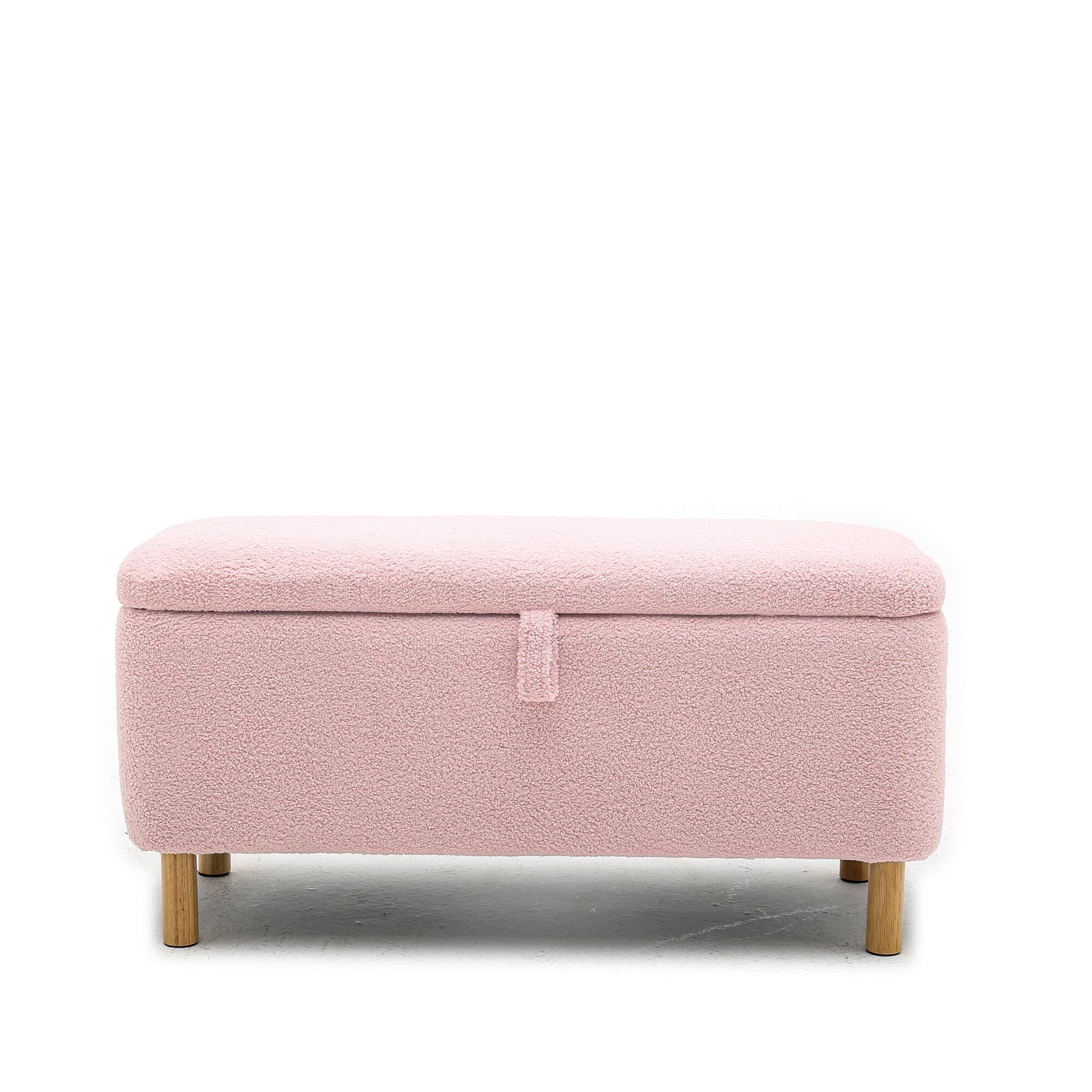 Pink Storage Bench Boucle Fabric Upholstered Ottoman Indoor Entryway