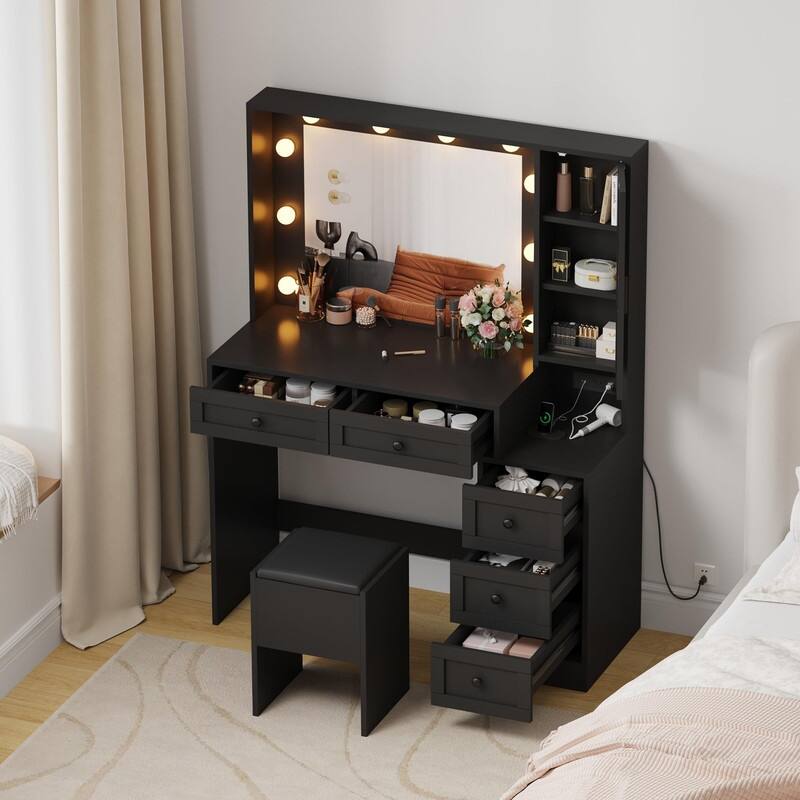 Lighted Makeup Vanity Desk with 10 LED Lights, 3 Colors, Charging Station & Stool - Black