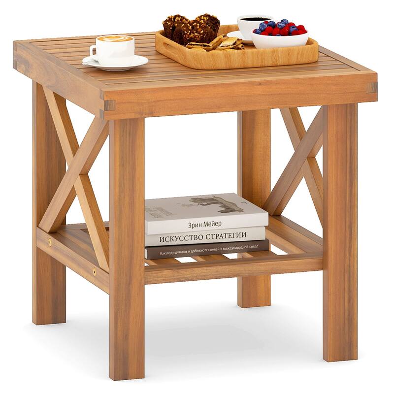 Gymax Outdoor Side Table Acacia Wood Adirondack Table w/ Storage Shelf - Natural