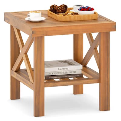Gymax Outdoor Side Table Acacia Wood Adirondack Table w/ Storage Shelf