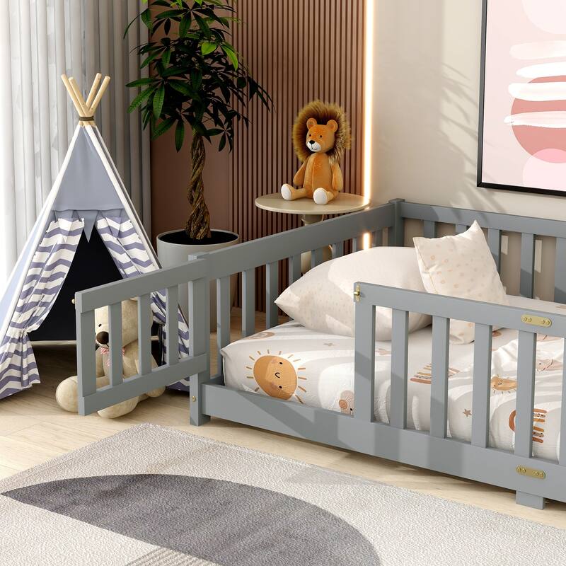 Twin Size Floor Bed with Fence and Door, Rubber Wood Floor Bed with Safety Guardrails