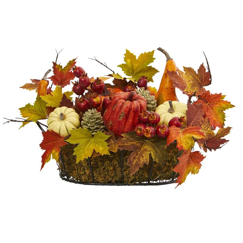 17" Red Orange Maple Leaf Artificial Arrangement with Decorative Pot