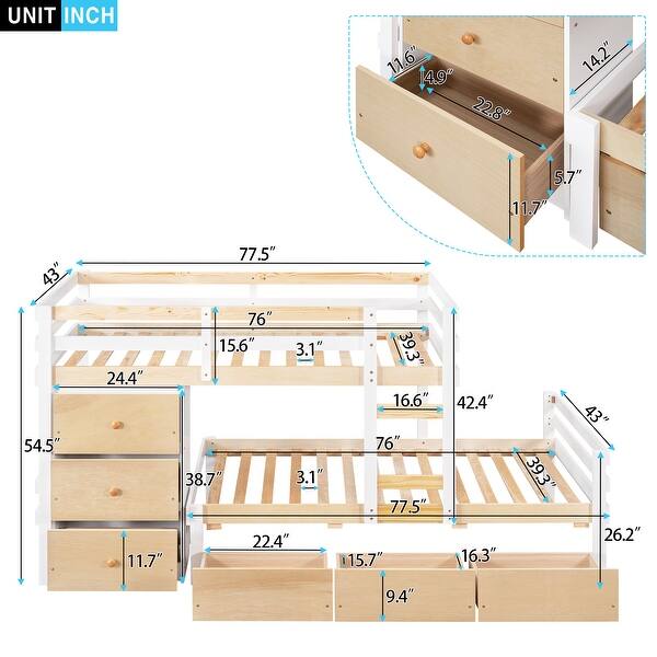 Loft Bunk Bed for Twin Over Twin with 6 Handy Storage Drawers & Ladder